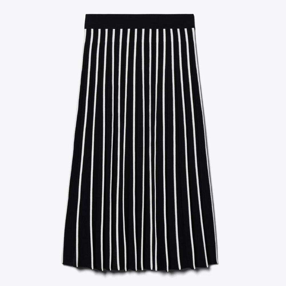 Tory Burch Pleated Tech Knit Skirt Black and White Vertical Stripe